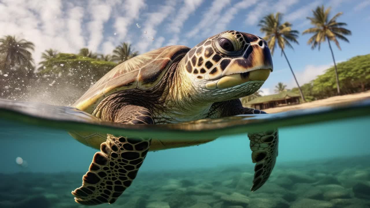 Underwater video captures a sea turtle swimming near the surface