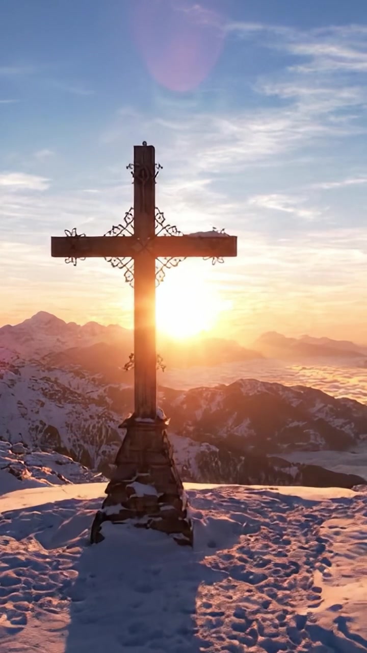 Klidný horský východ slunce u kříže: Podmanivé výhledy na zasněžené vrcholky, osvětlené zářícím východem slunce, symbolizující naději a mír v kráse přírody