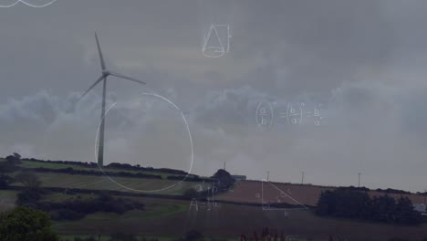 Animation-of-mathematical-equations-over-spinning-windmill-against-clouds-in-the-sky