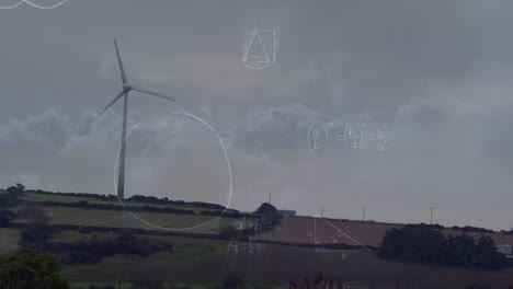 animación de ecuaciones matemáticas sobre un molino de viento giratorio contra nubes en el cielo