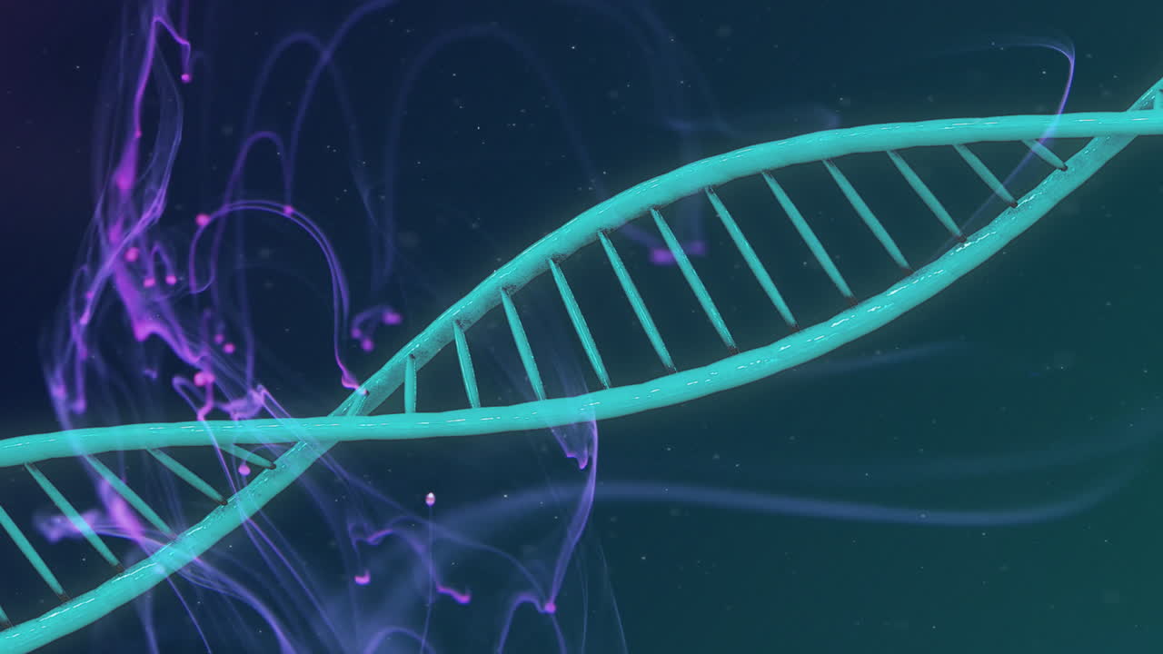 DNA strand animation over swirling purple and blue background