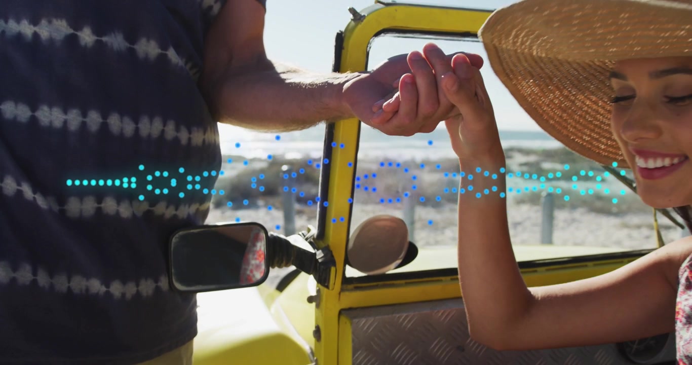 Homme tendant la main dans un véhicule jaune décapotable, aidant une femme à en sortir pour un voyage, avec une superposition de points bleus.