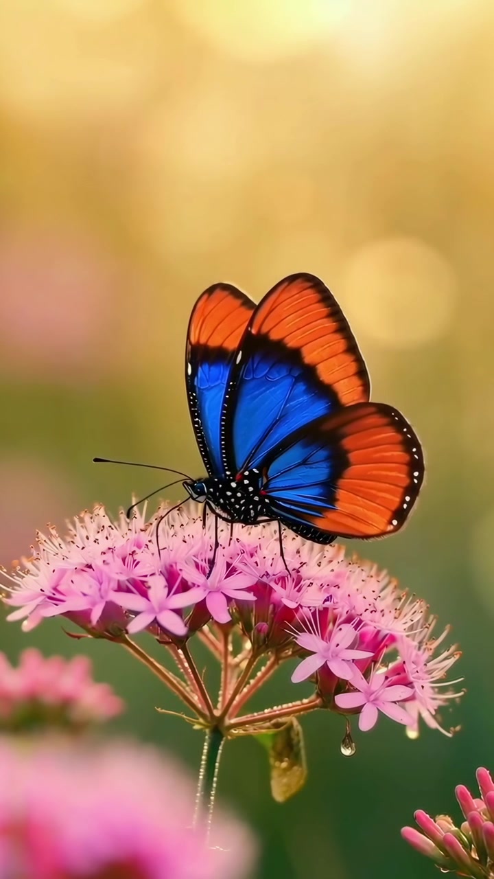 Farfalla Vivace Arancione e Blu Posata su un Fiore Rosa