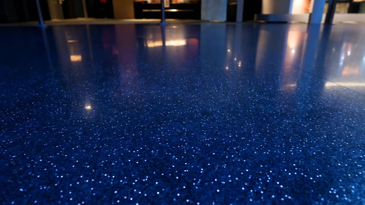 Punto de vista extremadamente bajo sobre un suelo pulido azul oscuro moteado que llena el primer plano y el plano medio, con un interior moderno borroso arriba, reflejos cálidos, tonos fríos y un estilo ambiental elegante