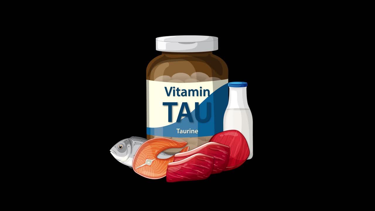 Taurine supplement bottle appears with fish, meat, egg, and milk on black background, smooth transitions