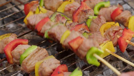 hand roasting barbecue beef skewers on barbecue grill