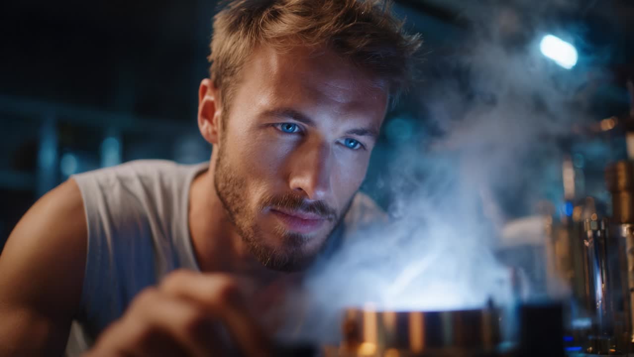 A focused scientist meticulously observes an experiment, showcasing the intricate details of his work as smoke emanates from a reaction, blending curiosity with a hint of mystery in the lab