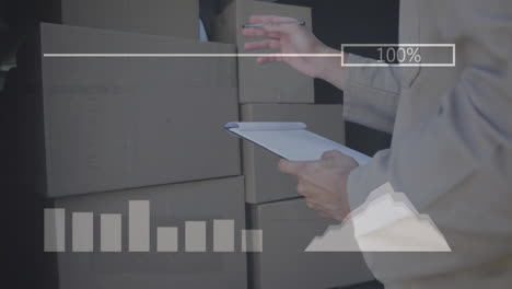 animation of statistic charts over caucasian male worker in warehouse