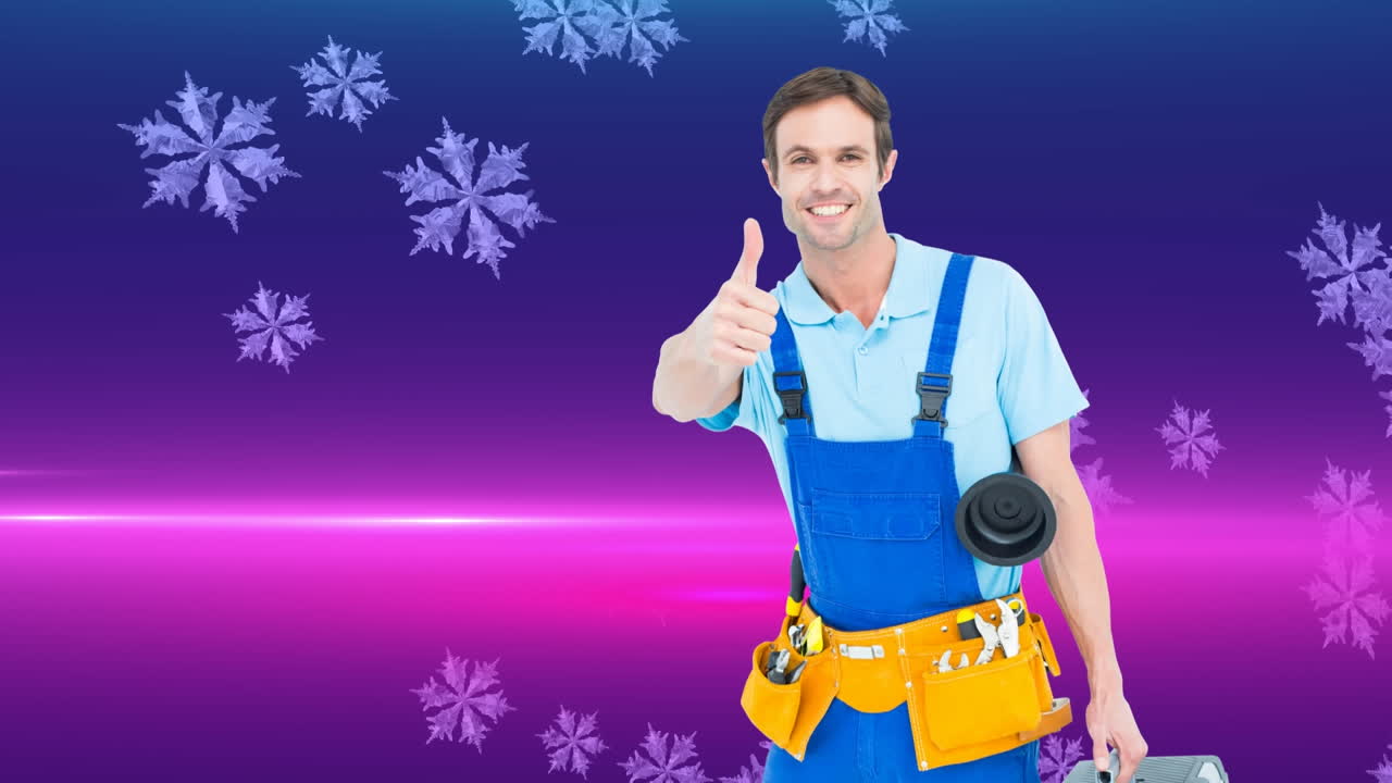 보라색 배경 위에 행복한 백인 남성 건축가 위에 내리는 눈의 애니메이션