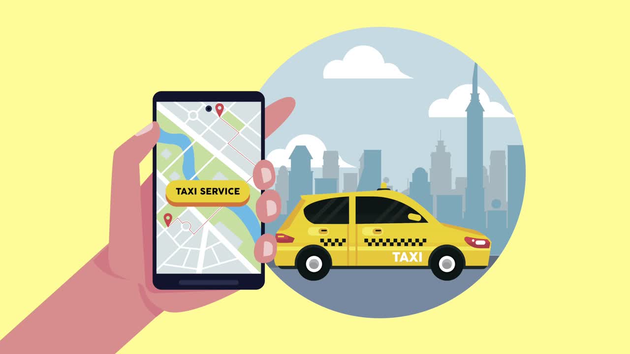taxi car service on the city with smartphone