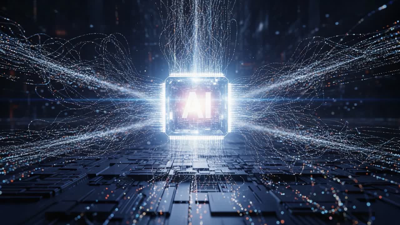 Een blik in de toekomst: De ontzagwekkende kracht van AI ontketend via een hightech kubus, omringd door dynamische energie en datavisualisaties.