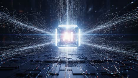 A Glimpse into the Future: The Awe-Inspiring Power of AI Unleashed through a High-Tech Cube Surrounded by Dynamic Energy and Data Visualizations