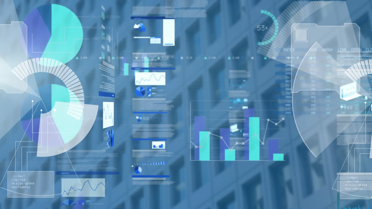 백그라운드의 높은 건물에 대한 통계 데이터 처리의 디지털 복합 비디오