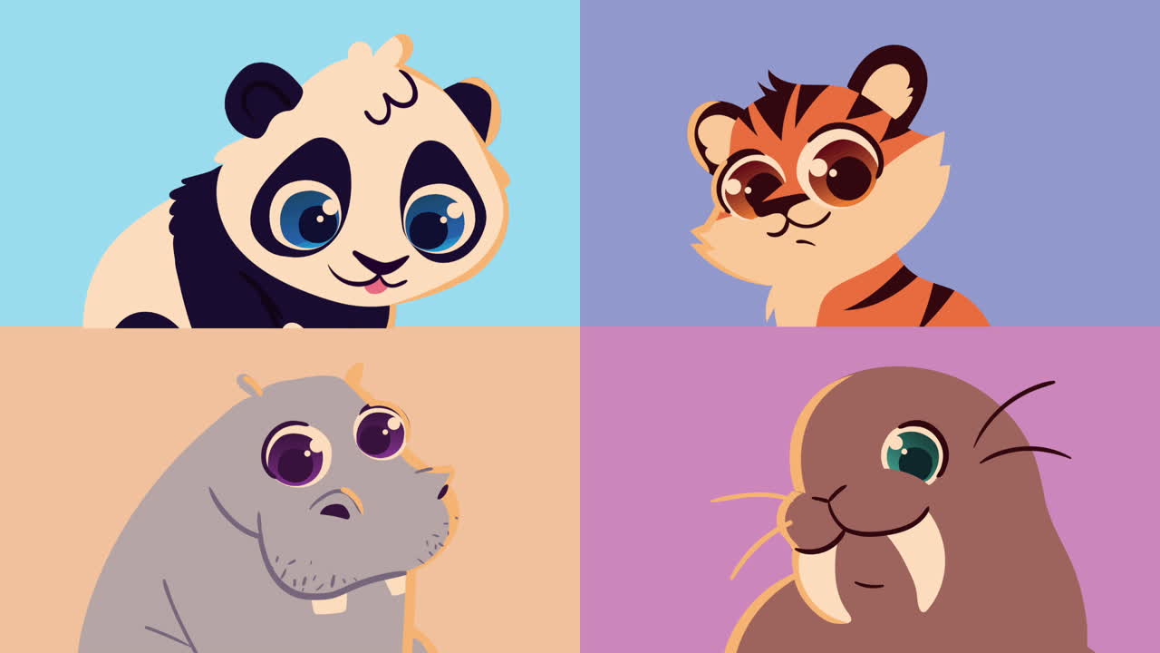 quattro animali carini personaggi animati