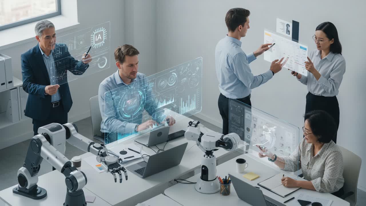Collaborative Workspace Featuring Advanced Technology and Robotics: A Dynamic Group Engaging in Data Analysis and Interaction in a Modern Office Environment