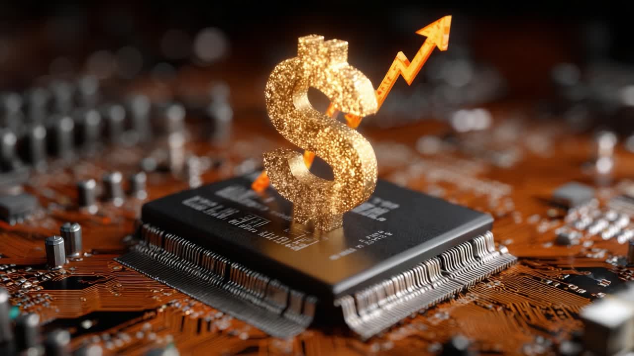 A Golden Dollar Sign Symbolizing Financial Growth Emerging from a Circuit Board, Representing Technology and Economy Intersecting in a Digital Age