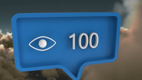 animation of eye icon with numbers on speech bubble over sky and clouds