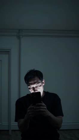 young man sitting alone in a dark room, illuminated by the glow of his mobile phone screen. the light casts an eerie atmosphere, enhancing the sense of solitude and contemplation