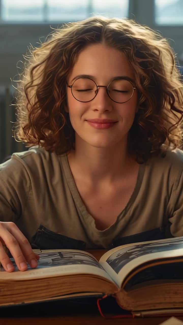 Vídeo vertical: de uma mulher de óculos e camiseta sentada à mesa, abrindo os olhos e sorrindo para um livro aberto