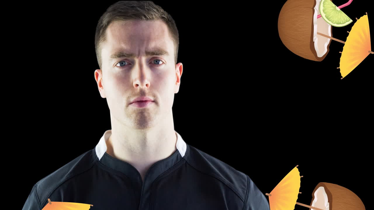 백인 남성 럭비 선수 위에 떠다니는 우산과 함께 코코 ⁇ 의 애니메이션