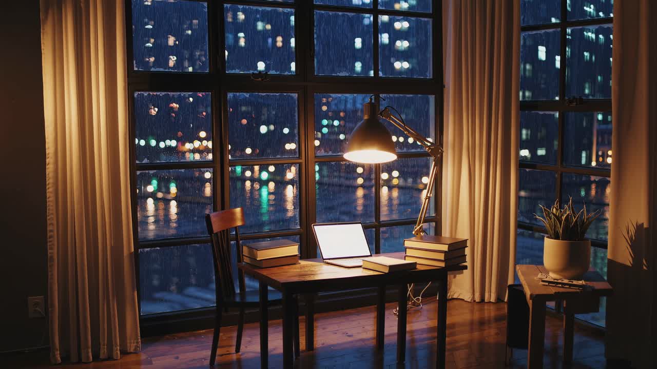 Cozy workspace with a laptop, books, and a lamp by a window overlooking a rainy cityscape