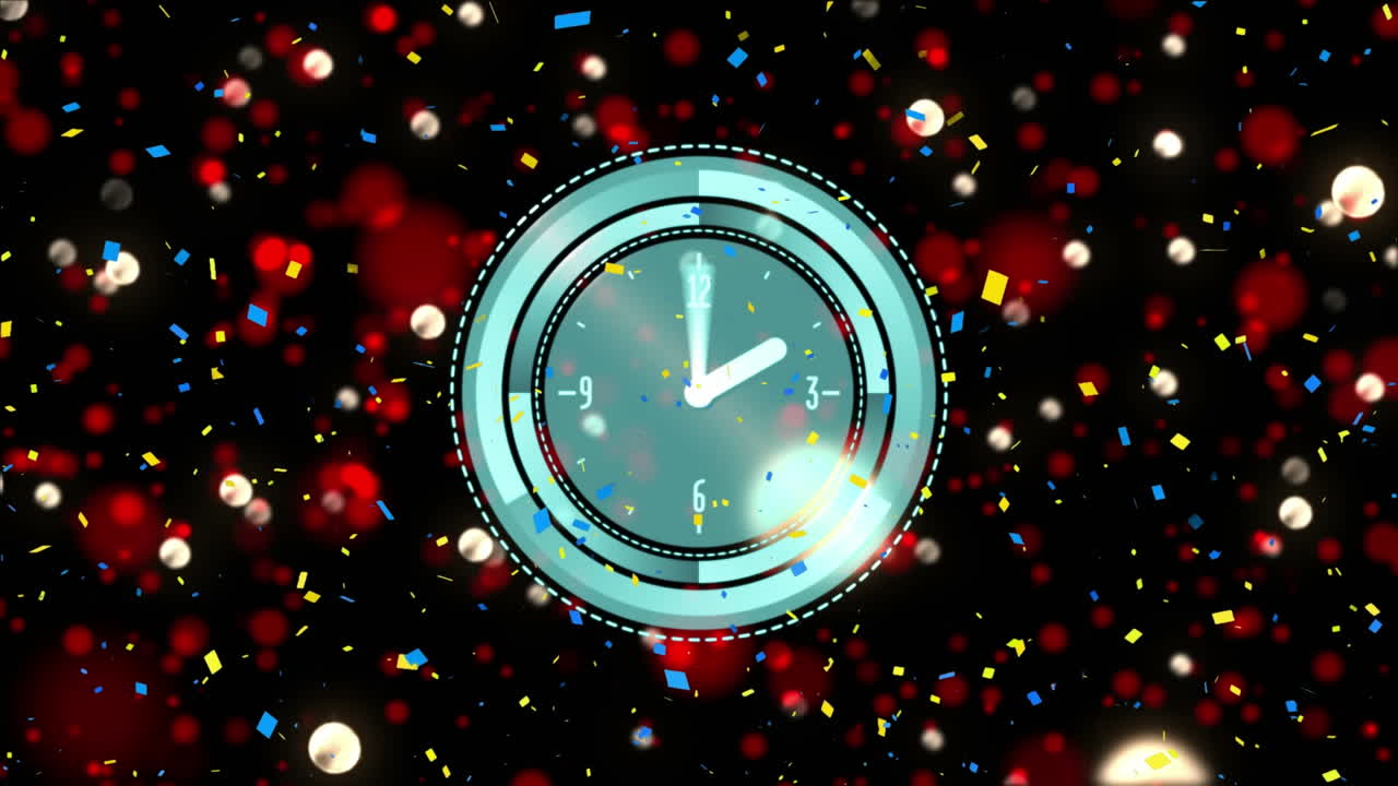 animación del reloj con confeti y reflectores moviéndose sobre un fondo negro