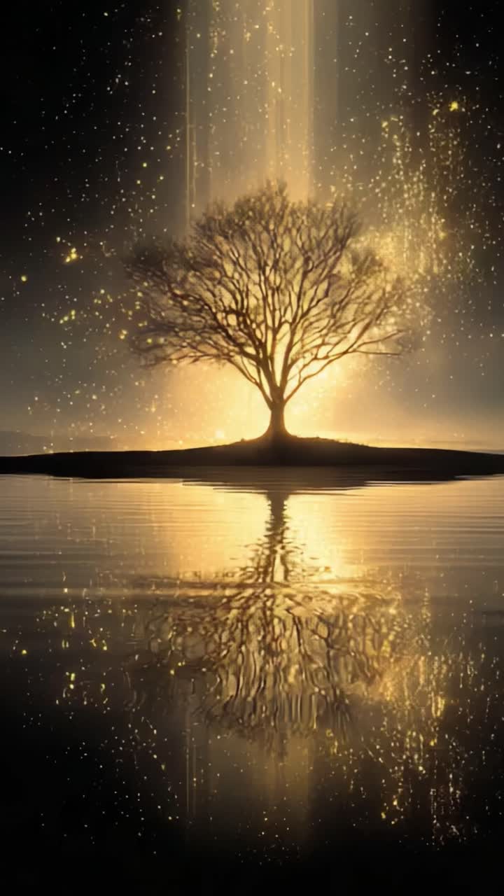 A solitary tree stands majestically against a shimmering backdrop of celestial light and reflections, creating a serene and mystical atmosphere in nature's embrace