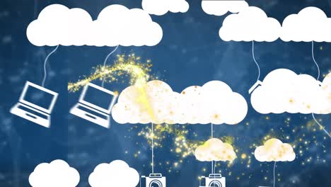 Animation-Einer-Sternschnuppe-über-Digitalen-Wolken-Mit-Elektronischen-Geräten-Auf-Blauem-Hintergrund