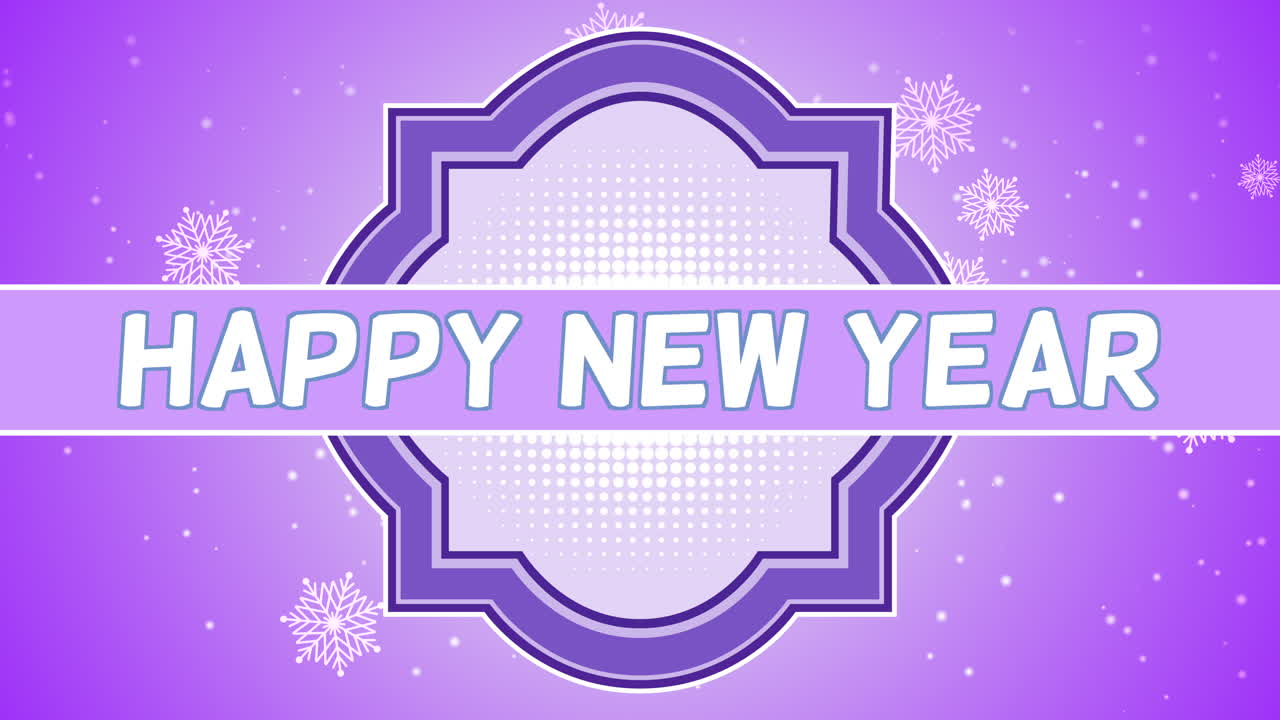 Feliz Año Nuevo en marco con copos de nieve cayendo sobre degradado morado