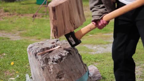 closeup of a man cutting a piece of firewood with an axe