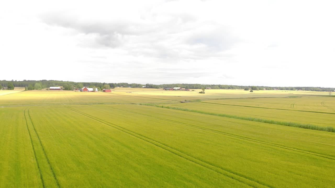 Drone flying fast over green fields