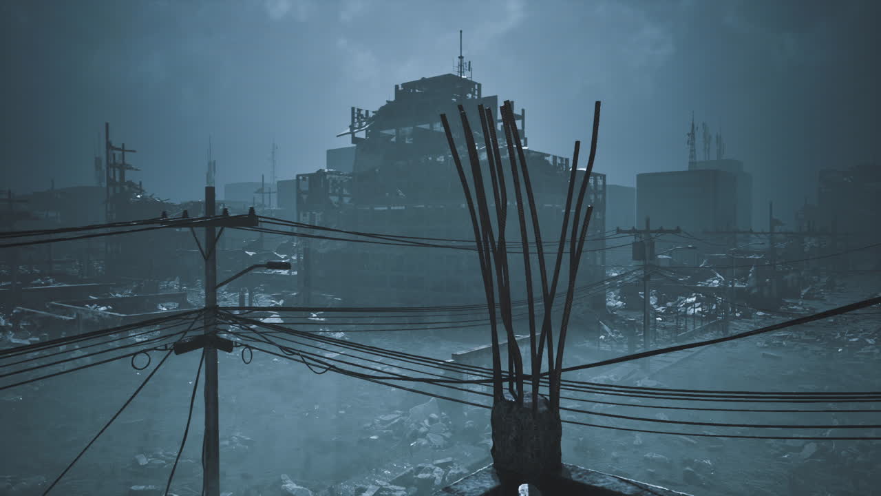 decadencia urbana con estructuras rotas y cables eléctricos al anochecer