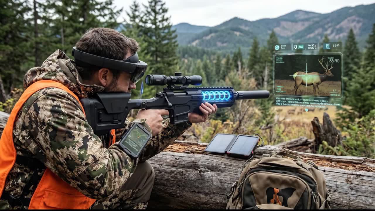 Hunter Using Augmented Reality Headset and Futuristic Rifle in Forest