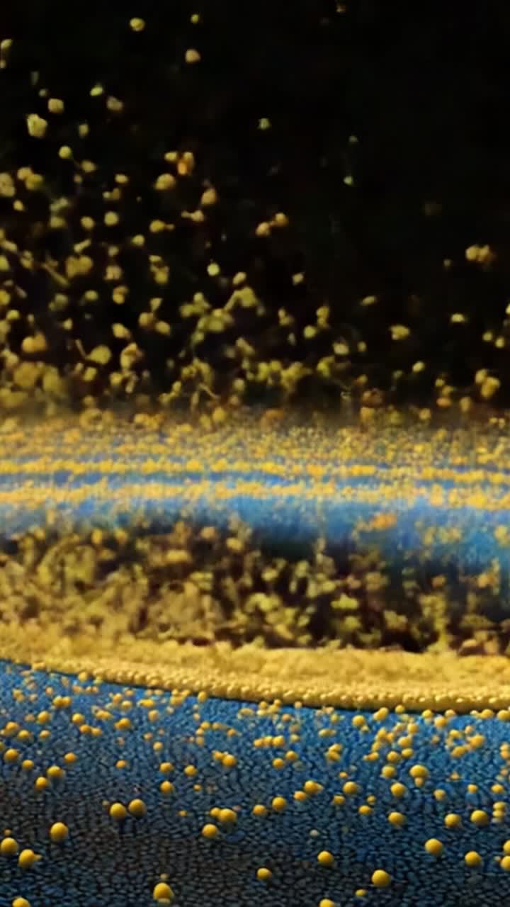 Een Boeiend Beeld van Deeltjes die in een Levendig Blauw Oppervlak Vallen, Waarbij de Dynamische Stroming en Interactie van Gele Bollen Tegen een Donkere Achtergrond Worden Benadrukt