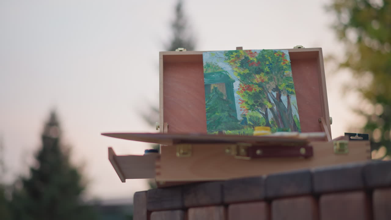 Açık hava sanat ortamı. Dokulu vuruşlarla samimi bir tablo. Dış mekanda detaylı manzara çizimi sergileyen ahşap sehpa. Küçük bir dış mekan manzara çalışmasındaki dokulu boyanın yakın çekim görüntüsü