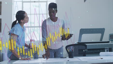 Animation-Mehrerer-Diagramme-Mit-Wechselnden-Zahlen,-Verschiedene-Kolleginnen-Diskutieren-Im-Büro