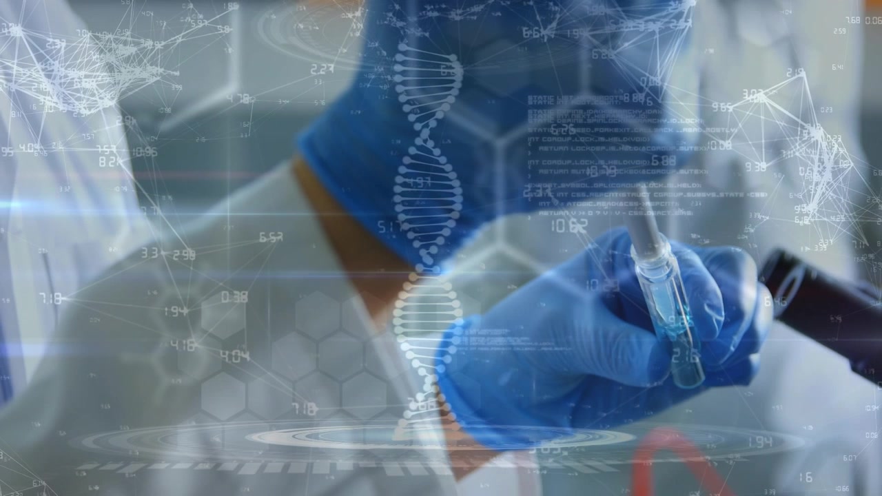 Animation of dna strand and data processing over caucasian scientist in lab