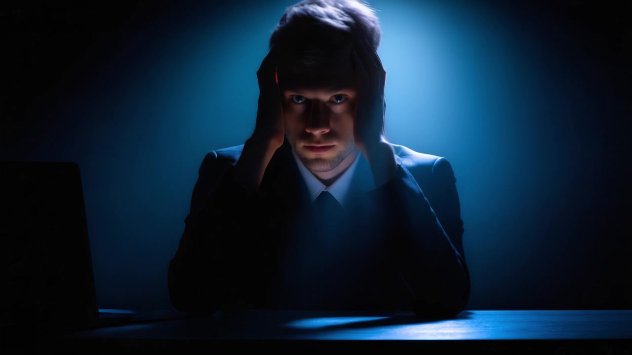 Un uomo in giacca e cravatta che prova stress mentre si tiene la testa in angoscia, illuminato da una soffusa luce blu, catturando un momento di profonda contemplazione e angoscia in un ambiente oscurato.