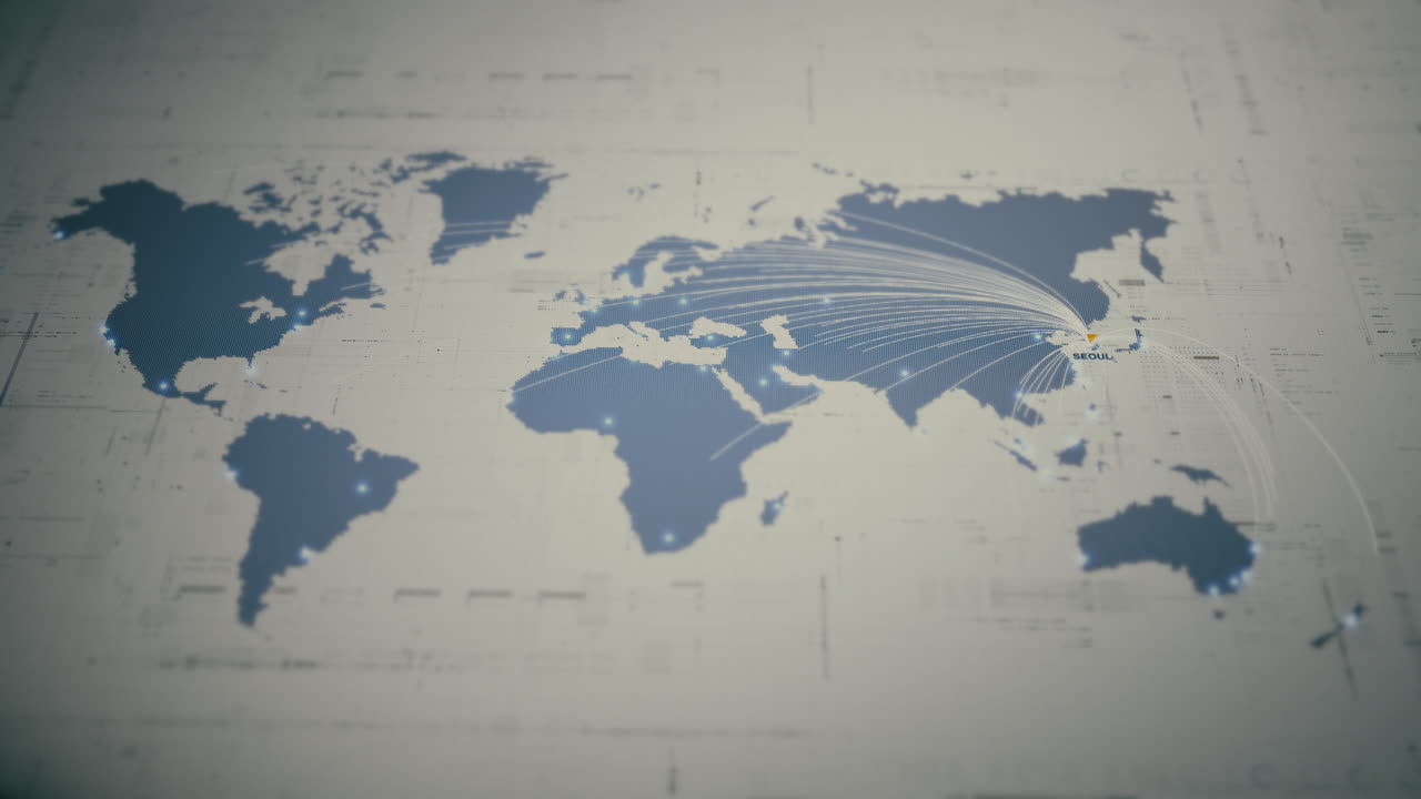 Global business network map with glowing data connections, worldwide connectivity, logistics routes, secure communication, cloud infrastructure, big data technology : Seoul, South Korea