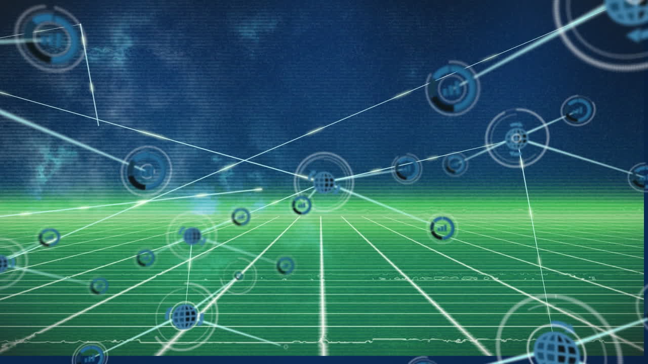 파란색 배경에 녹색 그리드 위에 아이콘으로 연결 네트워크의 애니메이션