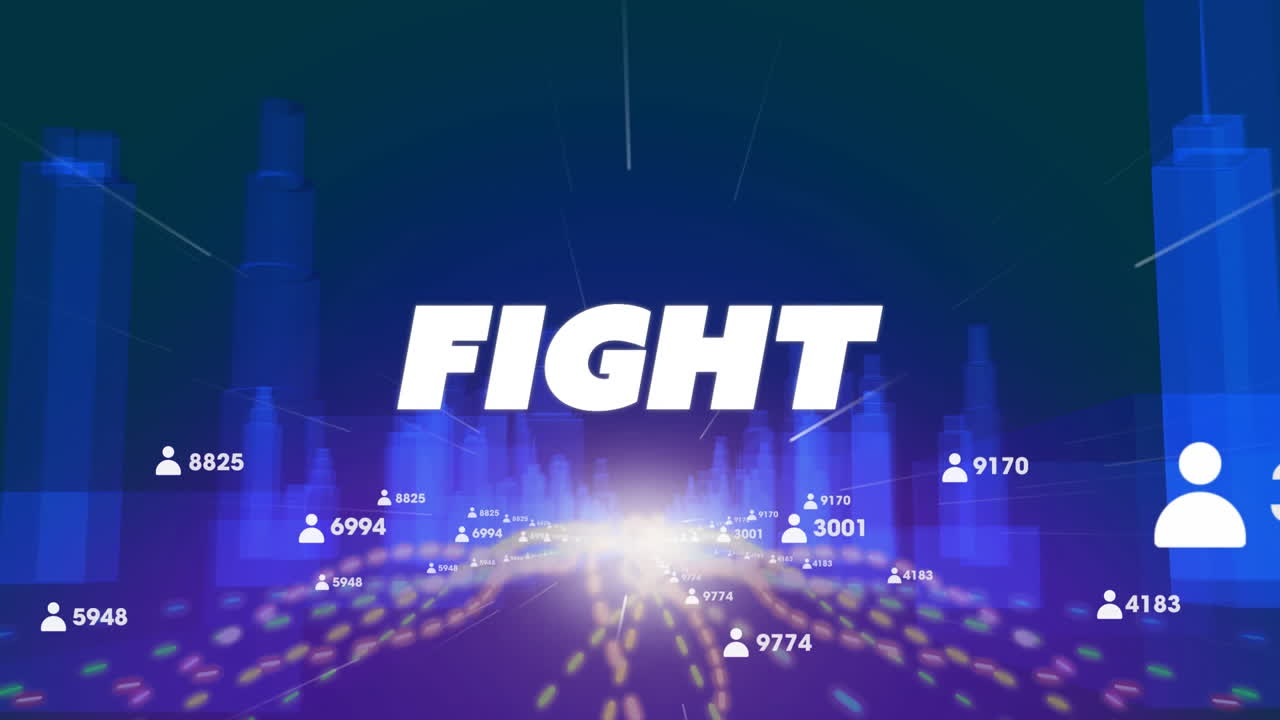 다중 프로필 아이콘과 3d 도시 모델에 대한 싸움 텍스트의 디지털 애니메이션