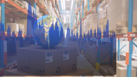 Animation-of-statistics-processing-over-globe-and-cardboard-boxes-in-warehouse