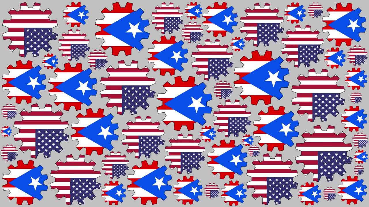bandera estadounidense y puertorriqueña engranajes girando fondo