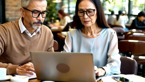 a man and woman are sitting at a table looking at a laptop