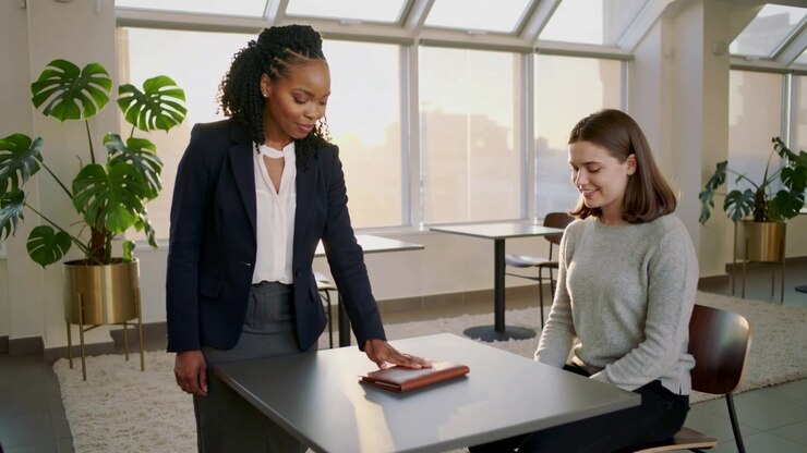 Speaking standing woman navy blazer placing folio in office for meeting, peer gray sweater smiling
