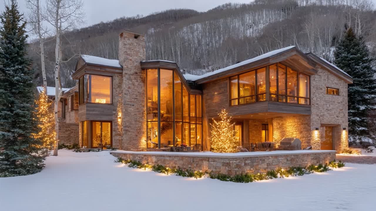 Elegant Winter Retreat: A Stunning Modern Home Surrounded by Snowy Landscapes and Glimmering Holiday Lights Showcasing Warmth in a Chilly Atmosphere