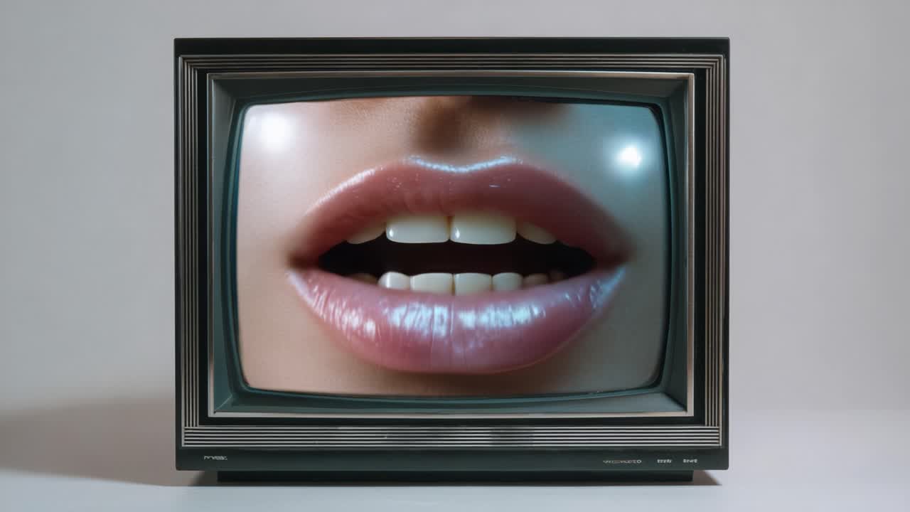 Un intrigante primo piano di labbra lucide su un televisore vintage che mostra una prospettiva unica su bellezza e comunicazione nella moderna cultura digitale.