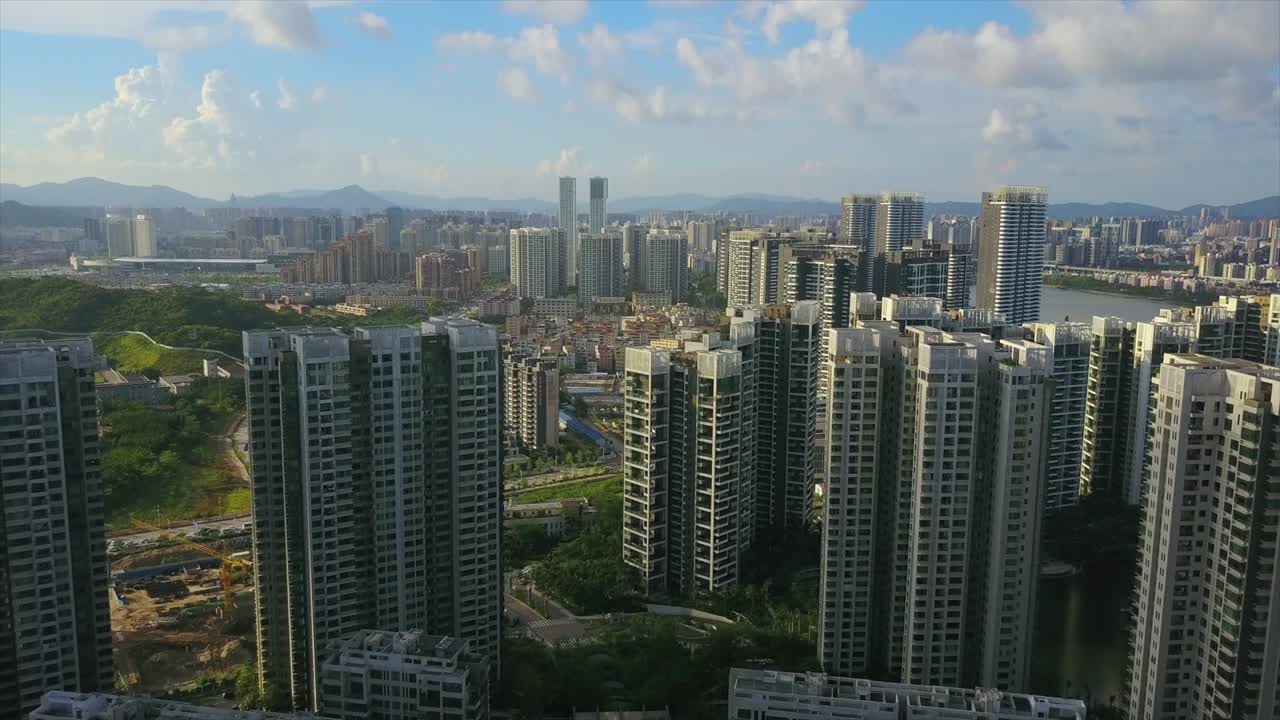 주하이 시 (zhuhai city) - 빛의 날, 아파트 블록, 공중 파노라마, 4k, 중국