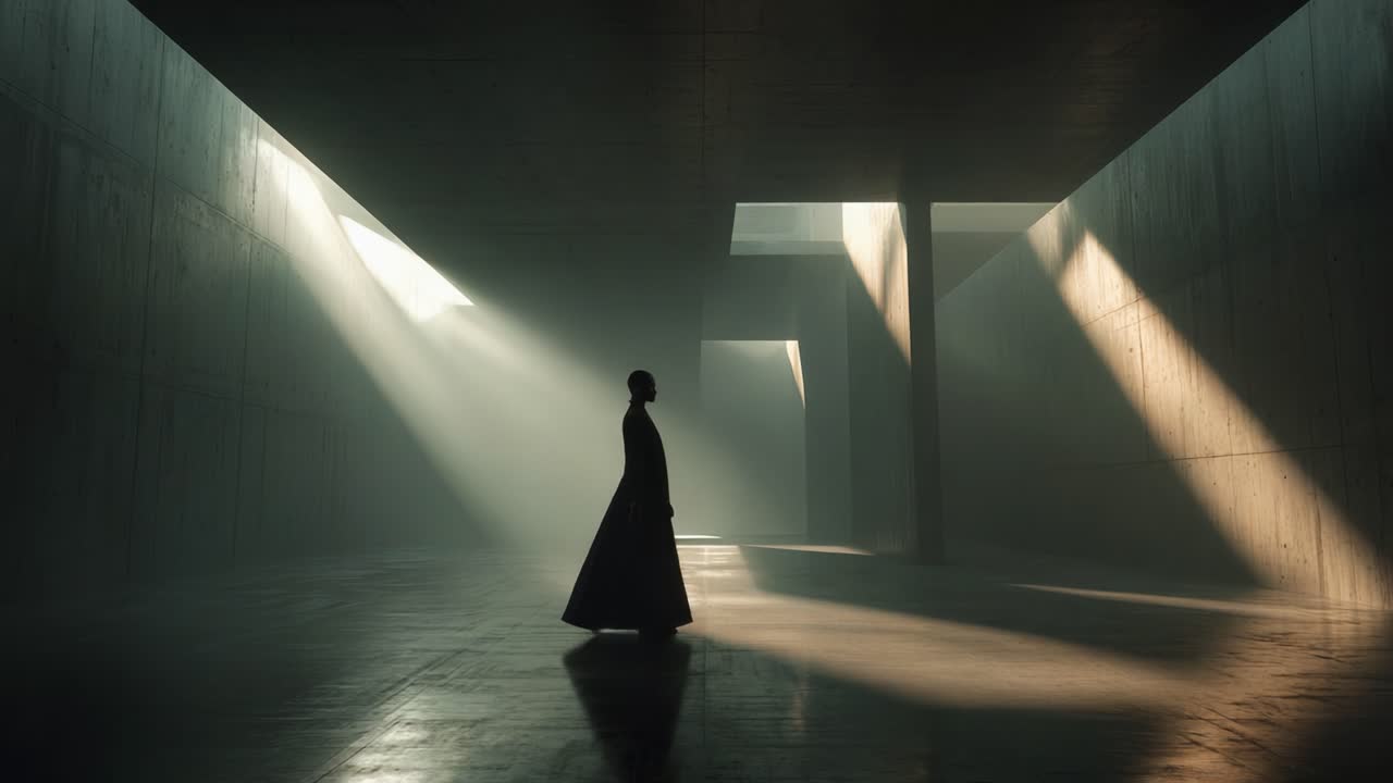 A solitary figure draped in a flowing garment moves gracefully through a stark, modern architectural space illuminated by dramatic beams of light, creating an ethereal ambience