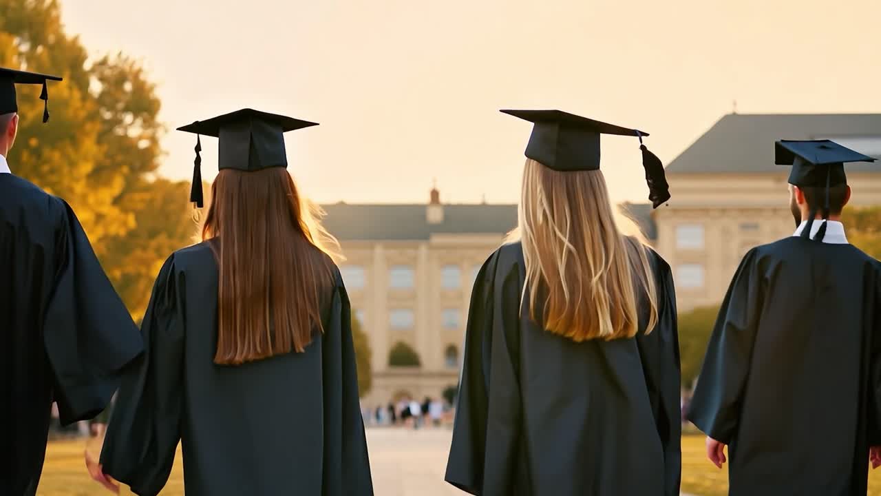 los estudiantes graduados caminan por el campus.